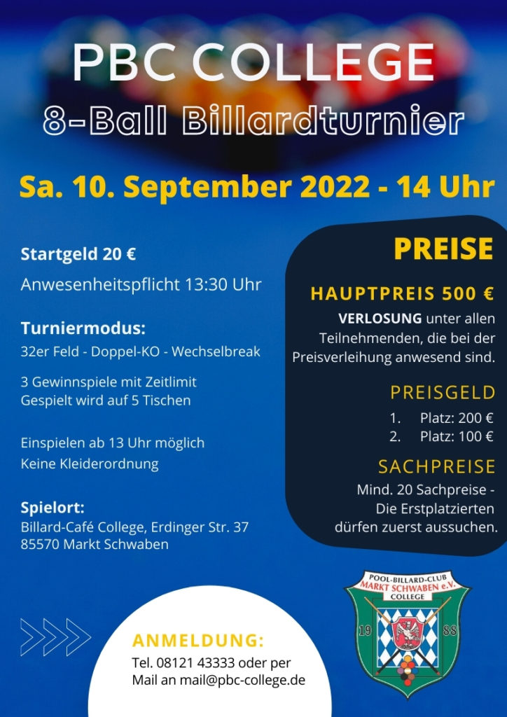 8-Ball Turnier des PBC College Markt Schwaben e.V. 8-Ball Turnier des PBC College Markt Schwaben e.V.